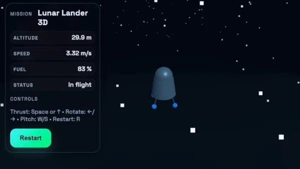 Lunar lander game demo generated by Codex coding agent
