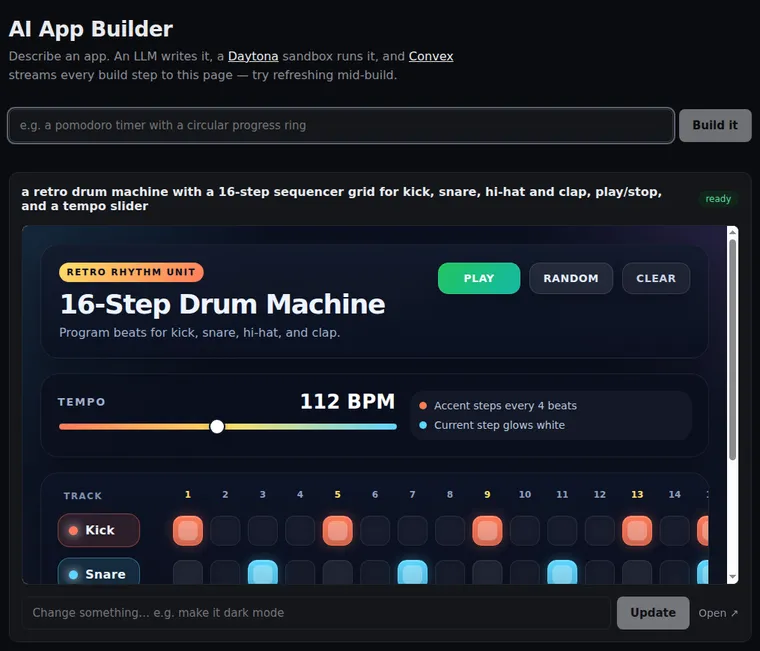 AI App Builder showing a generated 16-step drum machine running live in an iframe: play/random/clear controls, a tempo slider at 112 BPM, and a color-coded sequencer grid for kick and snare tracks.
